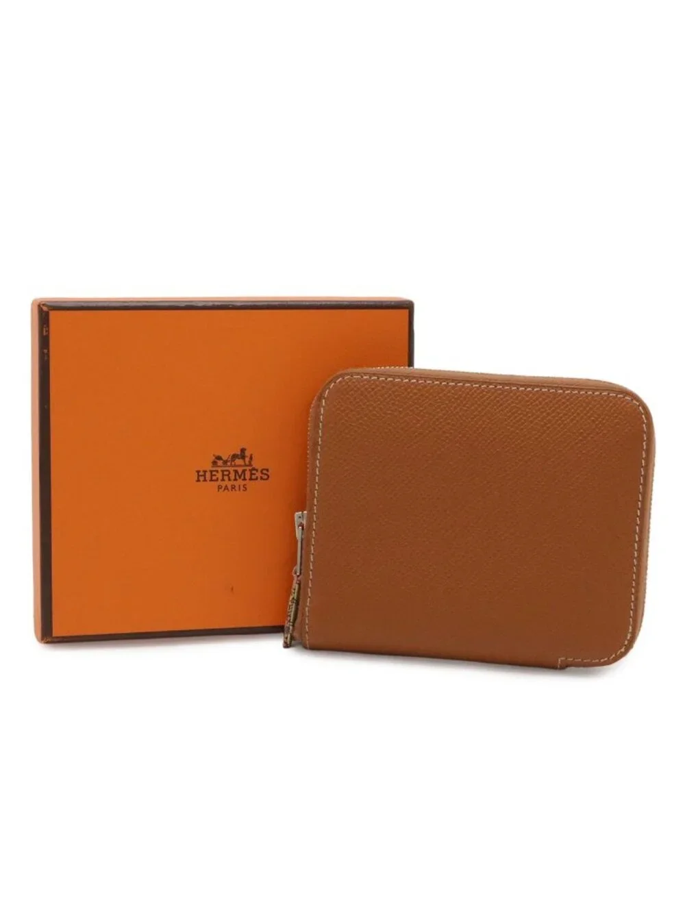 Hermes Azap Silk'in Compact Coin Purse Zip Around Veau Epsom Cognac